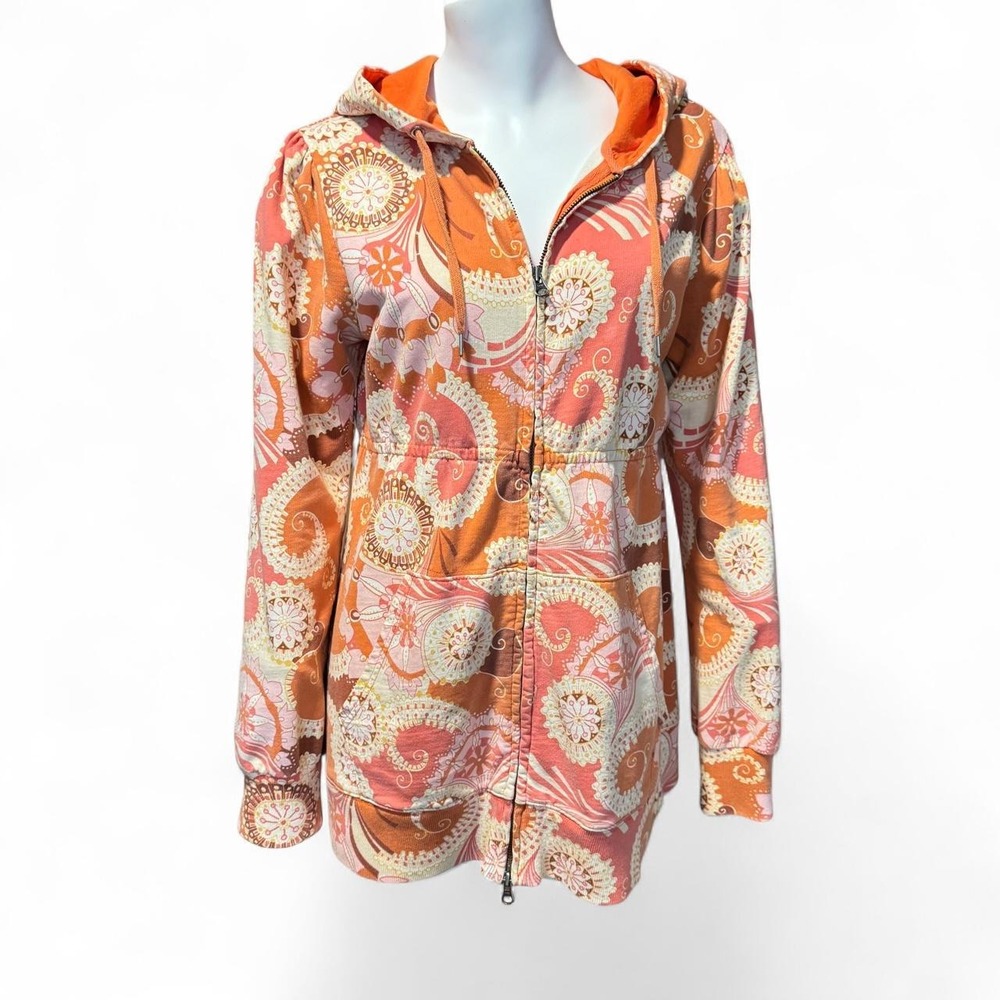 Lucky Brand Y2K orange and cream vibrant print cotton zip up hoodie